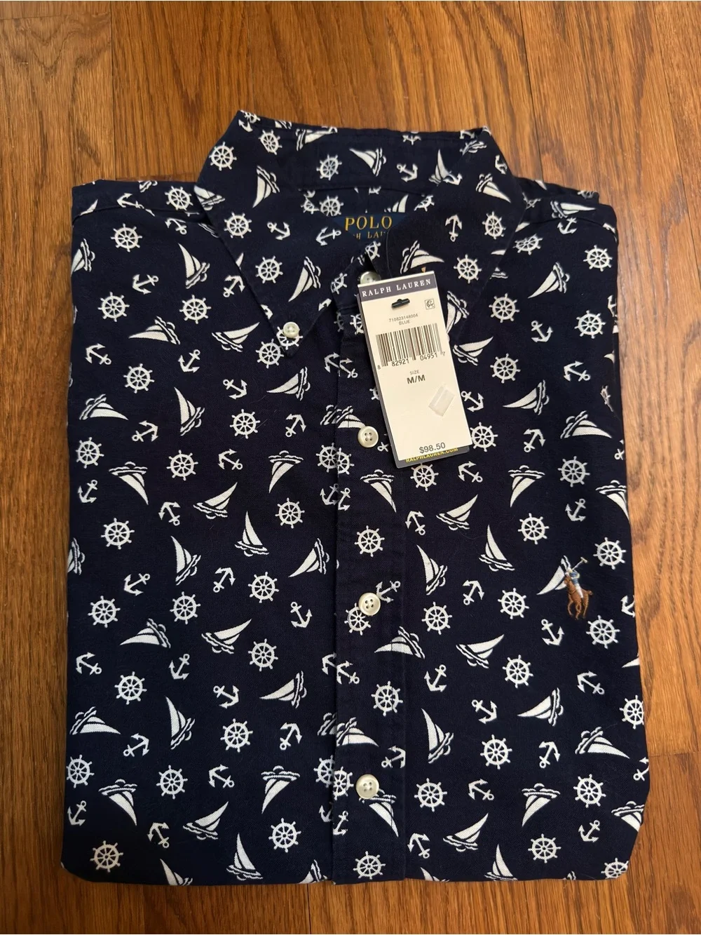 NWT Polo by Ralph Lauren Navy Short-Sleeve Printed Button-Up Shirt - Size M